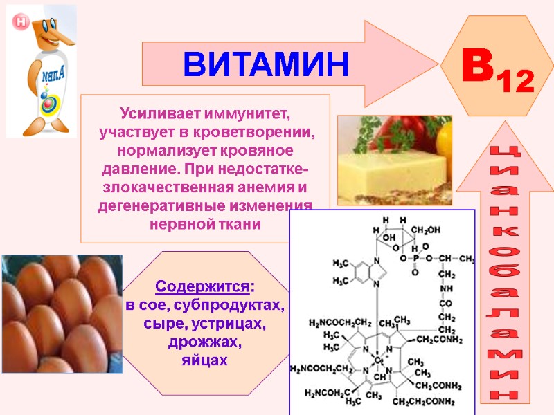 ВИТАМИН  B12 цианкобаламин   Усиливает иммунитет,  участвует в кроветворении, нормализует кровяное